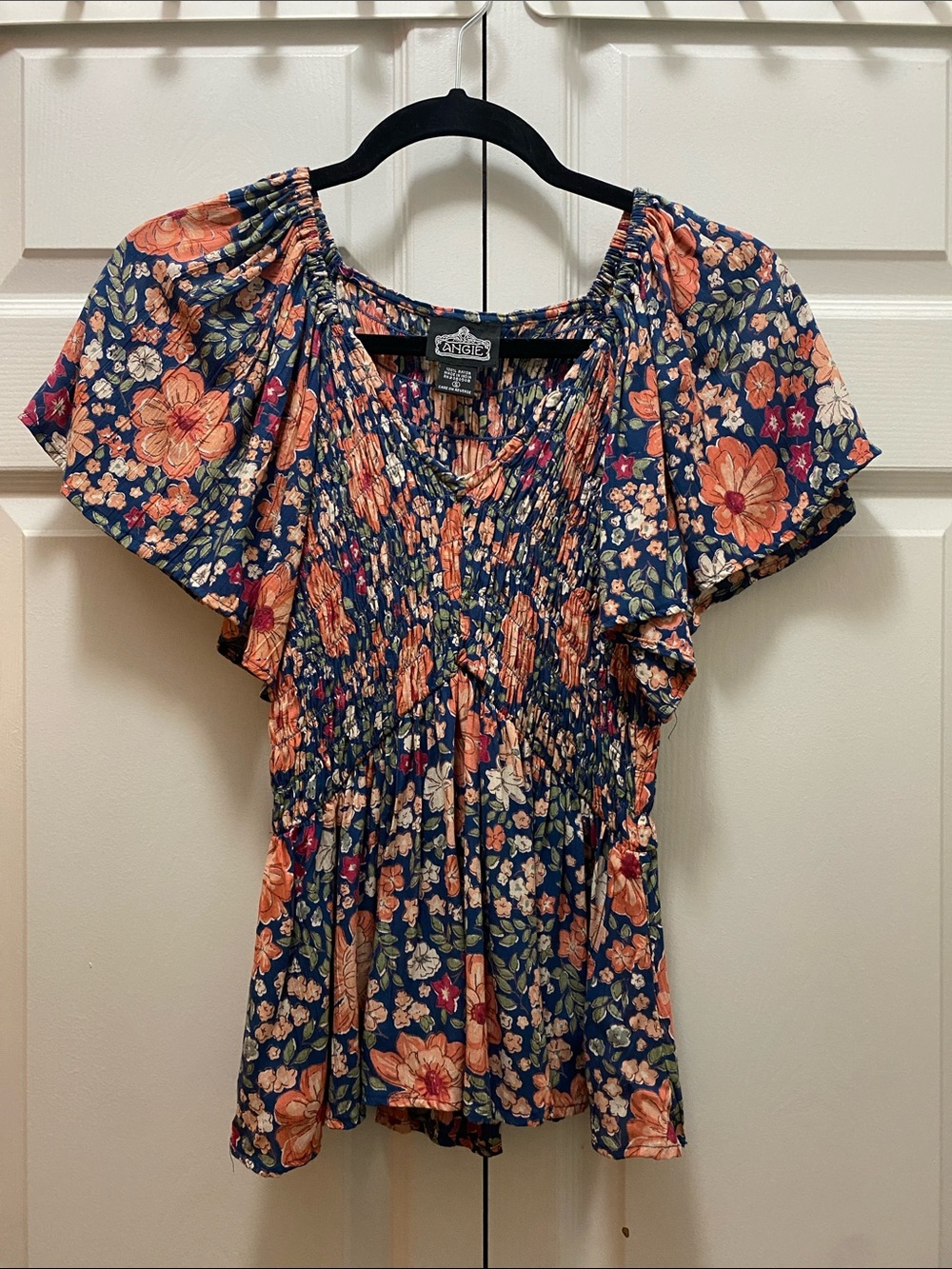 Angie Navy Floral Smocked Peasant Top with Coral Blooms - Size Small - NWOT